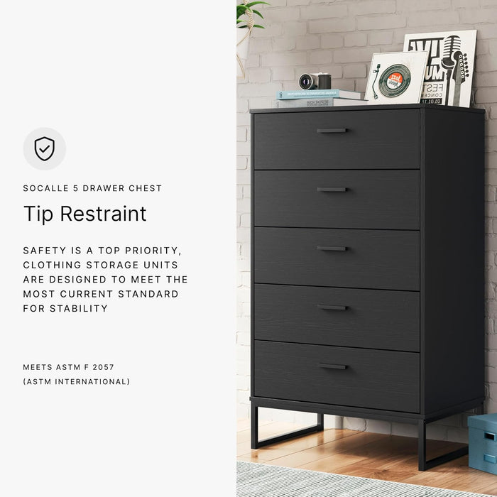 Socalle Modern 5 Drawer Chest with Safety Stop and Metal Legs for Bedroom, Black