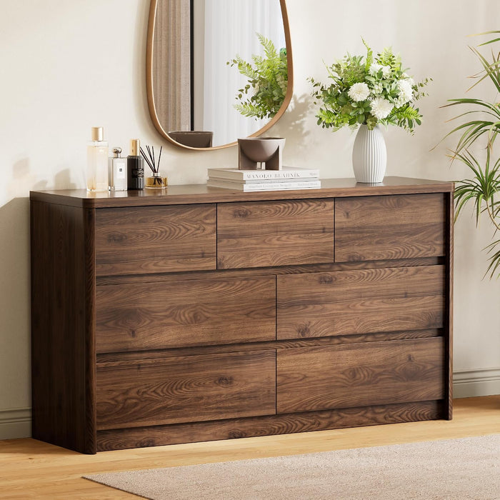 Modern 7 Drawers Dresser for Bedroom, 55" Wide Bedroom Dressers & Chest of Drawers W/Curved Profile, Mid Century Wood Dressers with Handleless Design, Large Dresser for Bedroom Living Room
