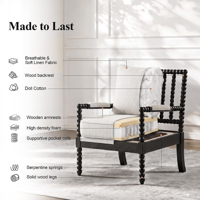 Linen Fabric Spindle Accent Chair with Wood Frame,