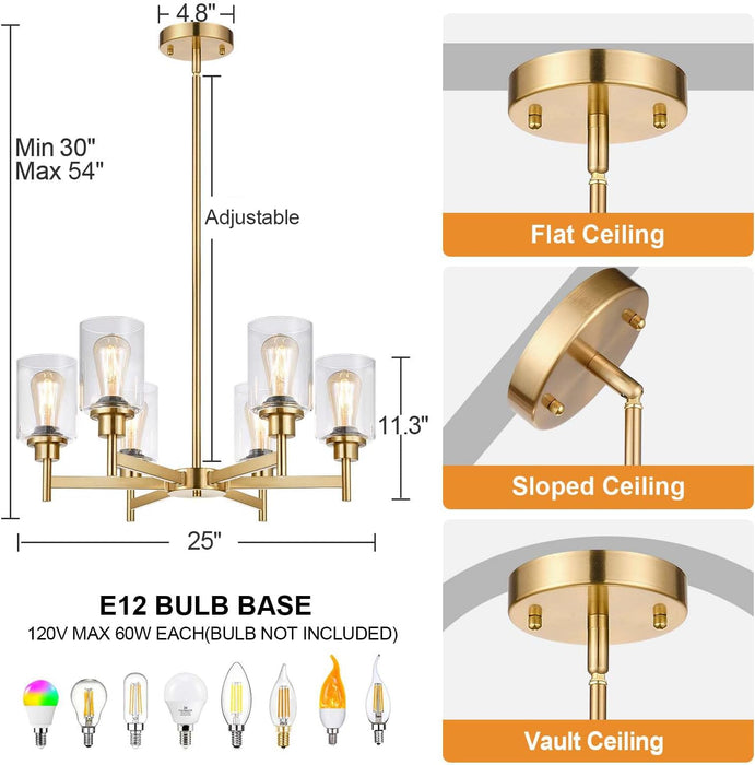 Brushed Gold Chandeliers, 6 Light Farmhouse Chandelier for Dining Room Light Fixtures over Table, Hanging Light Fixture with Clear Glass Shade for Kitchen Island Living Room Bedroom