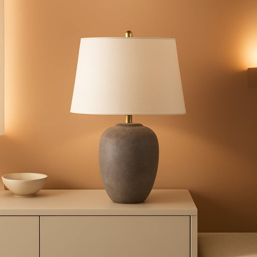 Home 23" Greyish Brown Earth Tone Rustic Farmhouse Ceramic Table Lamp for Bedroom, Living Room, Dining, Office, with Beige Linen Shade