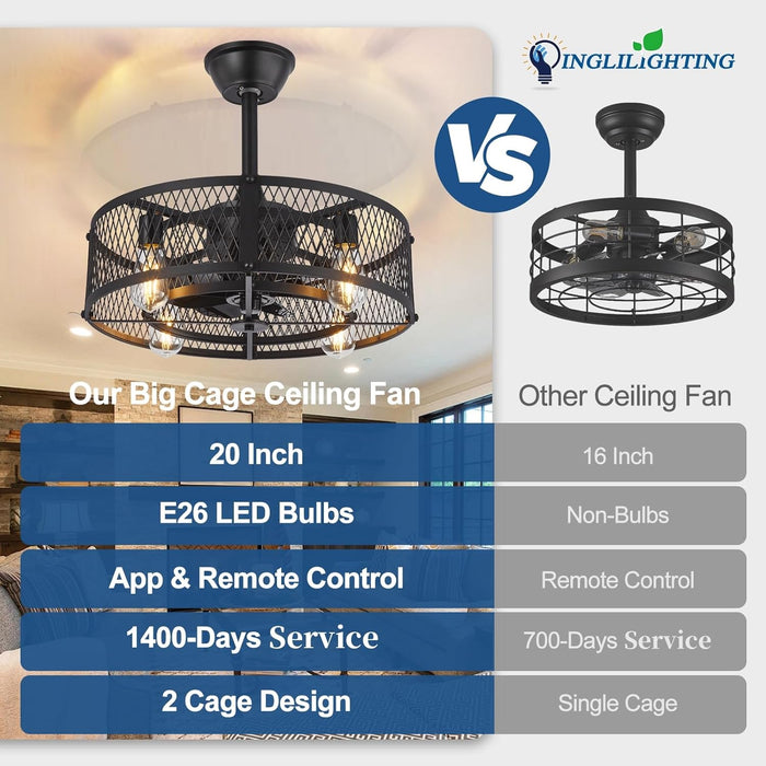 DLLT Caged Ceiling Fan with Light: 20" Farmhouse Fandelier with Lights and Remote & APP - Black Rustic Semi Flush Mount Bladeless Ceiling Fans Enclosed Fan for Bedroon Kitchen Living Dining Room