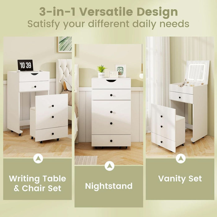 Small Vanity Desk Set, Makeup Vanity Table with Flip-Up Lighted Mirror, Storage Bench, 2 Drawers, 8 Wheels, White Girls Dressing Table Nightstand for Small Space Bedroom