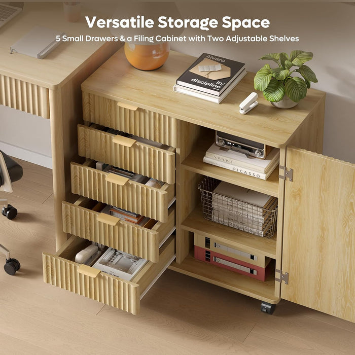 Five Drawer Oakwood Filing Cabinet Locking Casters
