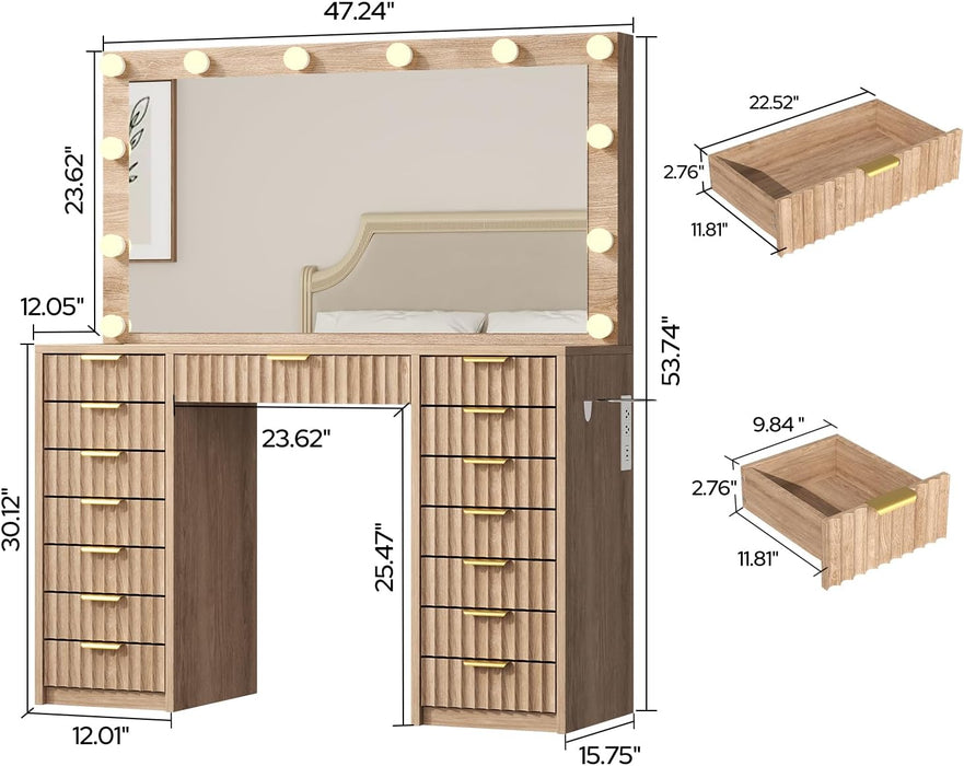 15 Drawers Fluted Vanity Desk with Glass Top, 47" Makeup Vanity with Large Mirror and 12 LED Lights, Dressing Table with Power Outlet for Bedroom, Natural