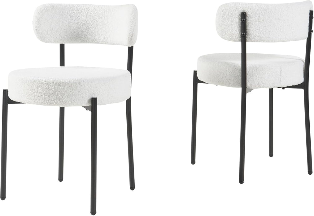 Modern Dining Room Chairs, Mid-Century round Upholstered Boucle Kitchen Dining Chairs with Black Metal Legs (2, White)