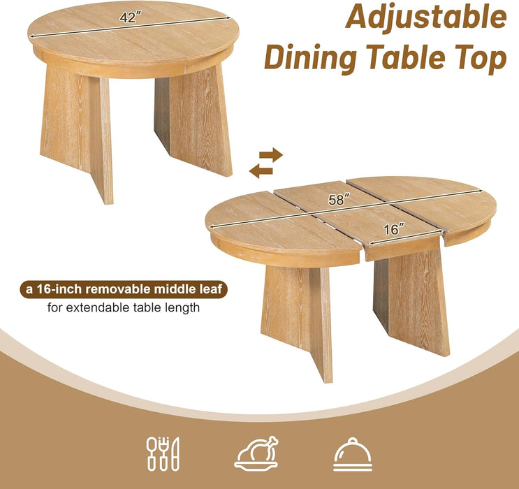 5-Piece Retro Functional Dining Set, Solid Wood Extendable Dining Table with 4 Upholstered Chairs and Rattan Backrests, round Dining Table Set for Dining Room Kitchen (Natural-7.7)