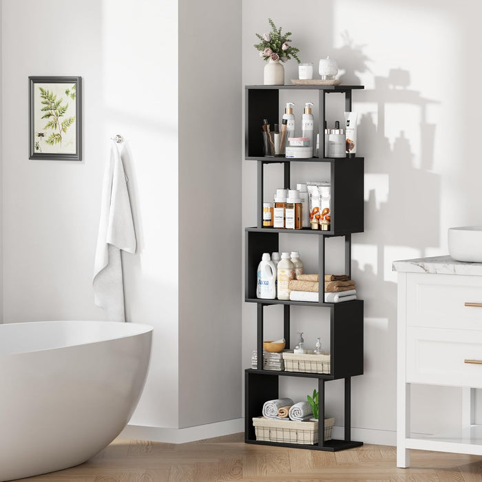 5-Tier Bookshelf, Tall S-Shaped Geometric Bookcase, Wood and Metal Decorative Storage Shelving, Modern Freestanding Display Shelves, Book Shelf Unit for Living Room Bedroom Home Office, Black