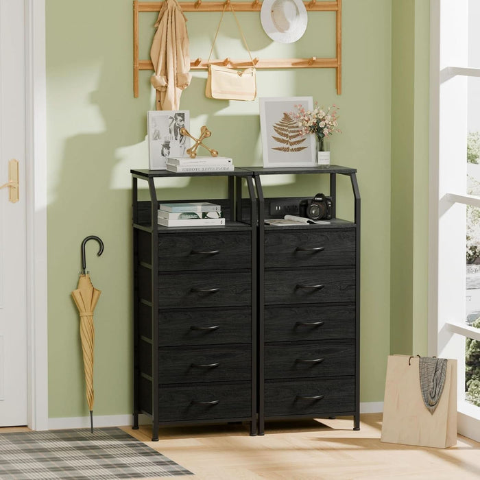 5 Drawers Dresser with Charging Station, Fabric Chest of Drawers with Open Shelf, Tall Night Stand, Bedside Table for Closet, Entryway, Bedroom Furniture, 3 Ways to Use, Black Oak