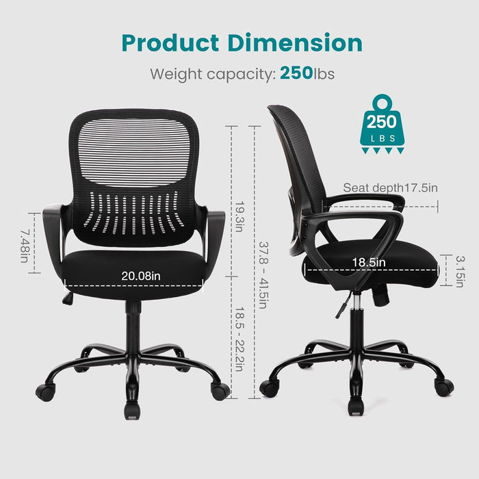Office Chair, Mid Back Computer Ergonomic Mesh Desk with Larger Seat, Executive Height Adjustable Swivel Task with Lumbar Support and Armrests for Women Adults