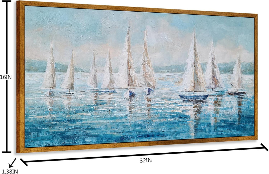Sailing Ship Canvas Wall Art - Coastal Painting Boat Pictures Abstract Beach Ocean Artwork with Floating Framed Hand Painted Textured for Living Room Bedroom Bathroom Decor