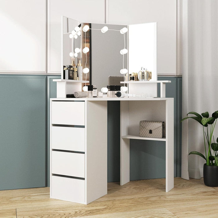 Corner Vanity Desk with Lighted Mirror & Power Strip,White Makeup Vanity Table with Lights,42 Inch Corner Vanity Mirror with Lights and 4 Drawer, 3 Lighting Modes, Brightness Adjustable