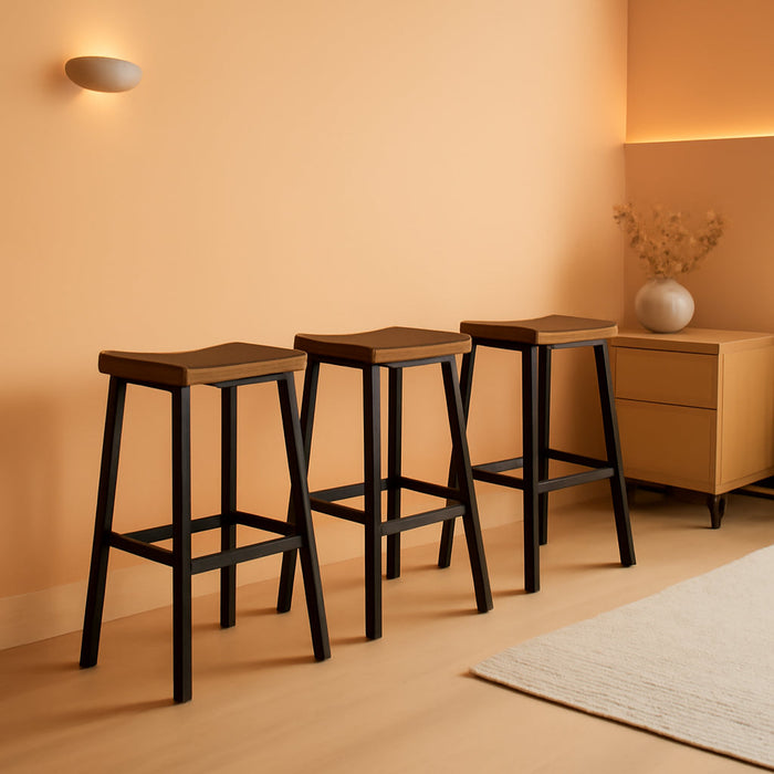 Bar Stools Set of 3, Counter Height Bar Stools, 23.6'' Bar Chairs, Saddle Stools with Footrests, Industrial Barstools for Dining Room, Kitchen, Bar, Rustic Brown and Black BF02MDP301