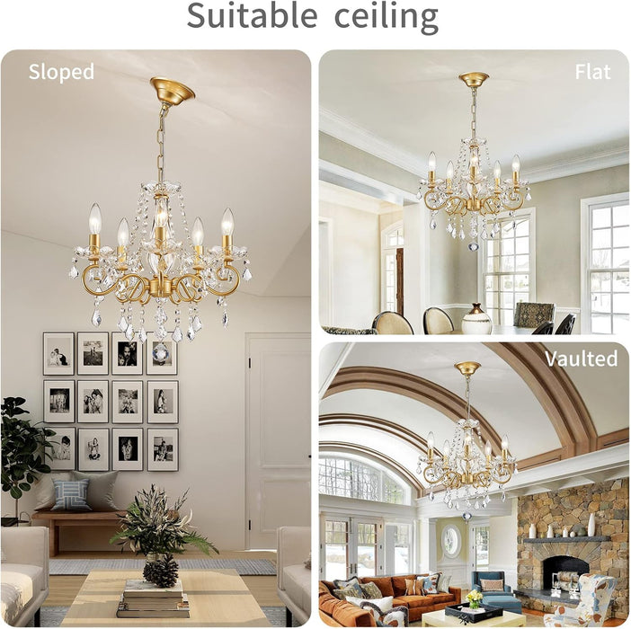 Mini Crystal Chandelier K9 Crystal Lighting Chandelier for Living Room 5 E12 Bulbs High 16.5 in X Diameter 16.9 In, Golden