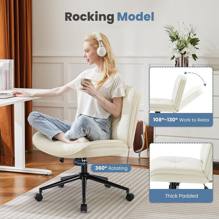 Criss Cross Chair with Wheels, Legged Office Armless Wide Seat, Adjustable Swivel Leather Task Vanity Home Office Desk Seating for Bedroom Dorm Student