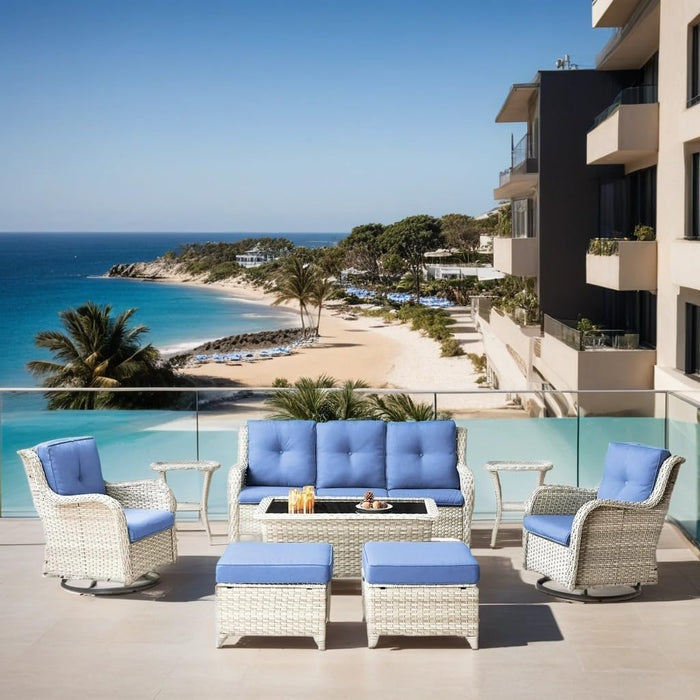 Outdoor Furniture Set: 8 PCS Wicker Patio Furniture Set with Outdoor Swivel Rocker Patio Chairs, Light Beige Wicker/Blue Cushion