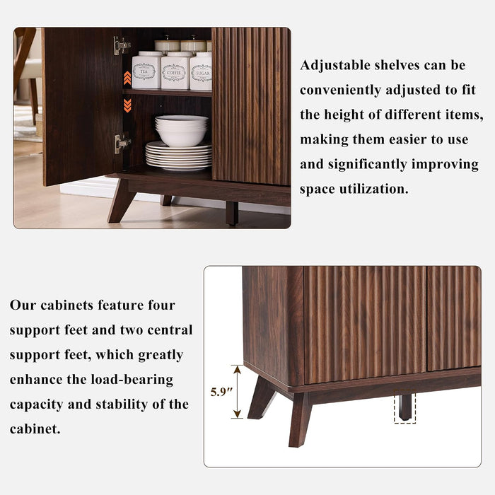 60 Inch Fluted Buffet Sideboard Cabinet, Dark Walnut | Modern Coffee Bar Storage Cabinet with 3 Drawers & 4 Doors, for Dining Room, Living Room, Hallway, Adjustable Shelves
