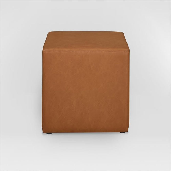 18” Warren Ottoman Square Faux Leather Bench, Stationary Ottomans, Backless Chair, Footrest for Living Room, Footstool Office, Bedroom, Padded Seat, Caramel Brown