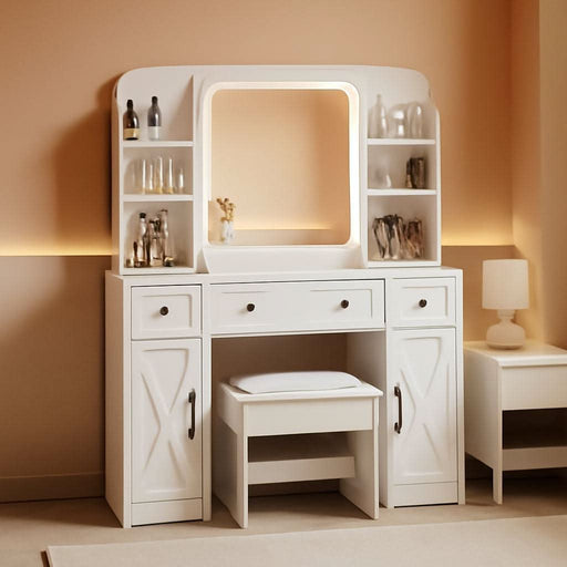 Makeup Vanity Desk, Vanity Mirror with Lights Desk and Chair,Makeup Table with 3 Large Drawers and 2 Cabinets, Time and Temperature Display, 3 LED Lighting Modes Adjustable, White