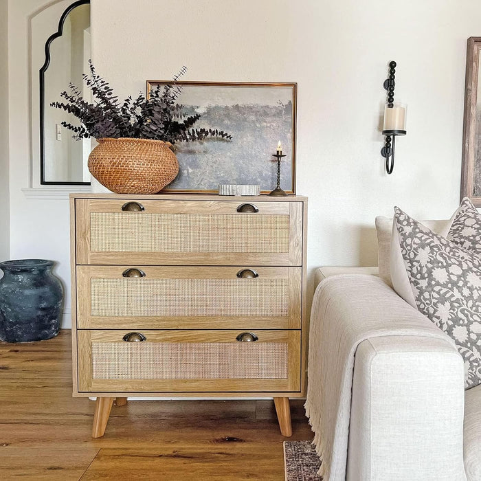 Natural Rattan Nightstand, 3 Drawer Dresser Bedside Table