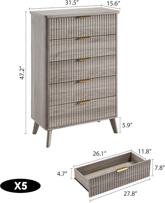 Fluted Dresser for Bedroom with 5 Deep Drawers, 47.2 in Tall Chest of Drawers, Curved Profile Design, Modern Wooden Dresser, for Living Room, Kids Room, Hallway, Grey