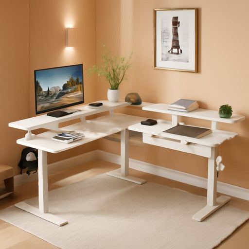 60 Inches L Shaped Electric Standing Desk, Height Adjustable Corner Gaming Desk with Drawers, Keyboard Tray, Power Outlets & LED Lights, Computer Desk with Monitor Shelf, Antique White