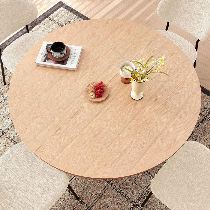 5-Piece Dining Set, Space-Saving Farmhouse Table & Chair Set for 4, 47-Inch round Dinner Table Set, Boucle Padded Seat, Curved Backrest - Beige and Oak