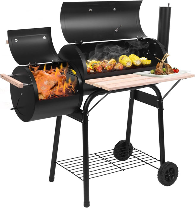 Charcoal Grill Offset Smoker, Charcoal Barbecue Grills with Spacious Cooking Area, Barrel BBQ Grill and Smokers Combo for Outdoor Balcony Picnics Party Camping