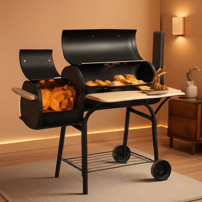 Charcoal Grill Offset Smoker, Charcoal Barbecue Grills with Spacious Cooking Area, Barrel BBQ Grill and Smokers Combo for Outdoor Balcony Picnics Party Camping