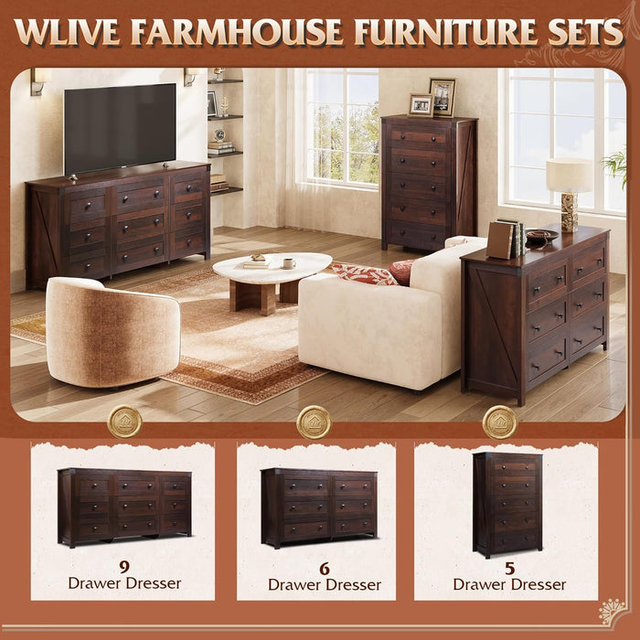 Brown Farmhouse 53InchWide 6Drawer Dresser With RusticHandles