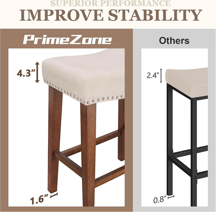26 Inch Solid Wood Saddle Backless Bar Stools Set of 3, Beige | Counter Height Barstools with Footrest & Nailhead Trim, Modern Farmhouse Upholstered Linen Counter Stools for Kitchen Island