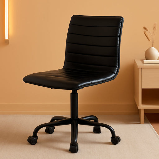 Alan Office Task Chair - Black Vinyl - Black Frame - Armless - Ribbed Back and Seat - Low Back Design