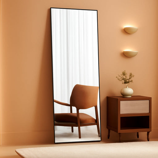 Full Length Mirror 64"X 21" for Bedroom, Full Body Mirror with Stand, Hanging or Leaning for Wall, Aluminum Alloy Thin Frame Floor Standing for Living Room, Long, Black