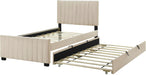 Twin Size Velvet Upholstered Platform Bed, Wood Bed Frame with Twin Size Trundle, Beige