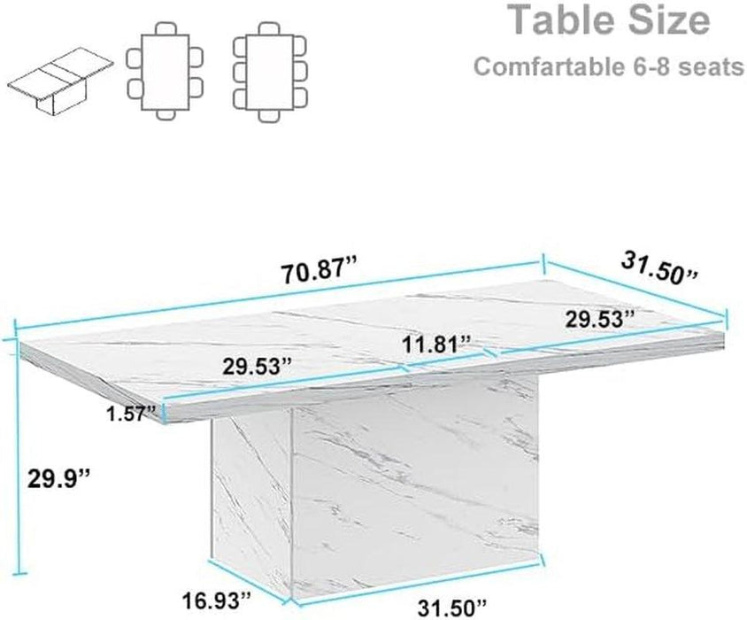 71” White Faux Marble Dining Table, Rectangle Modern Dinner Kitchen Table for 6-8, Farmhouse Long Kitchen Furniture for Living Room, Industrial Wood Dining Room Table with Sturdy Base