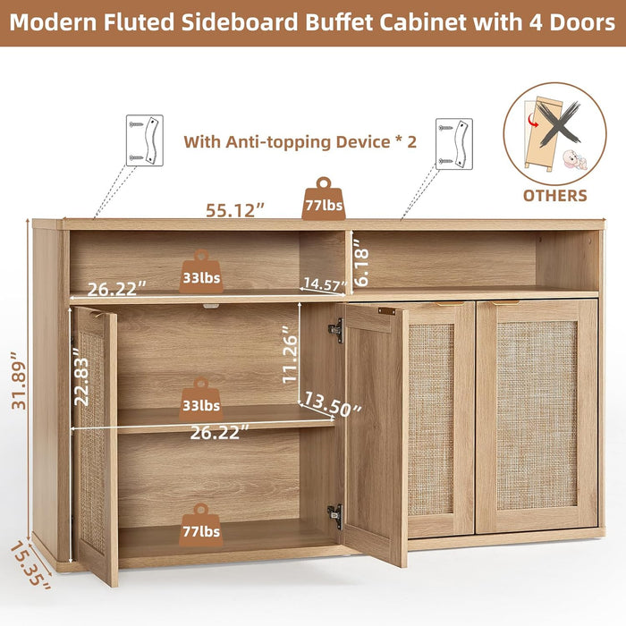 Rattan Sideboard Buffet Cabinet,55" Coffee Bar Cabinet with 4 Doors & Open Storage Shelf,Modern Credenza Console Table for Living Room Rattan Farmhouse Entryway Natural