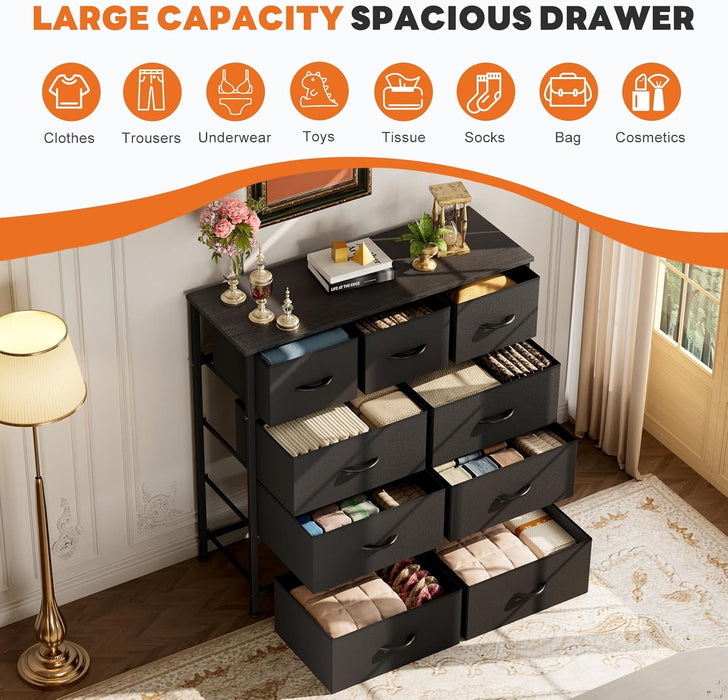 9 Drawer Black Dresser With Integrated Organization
