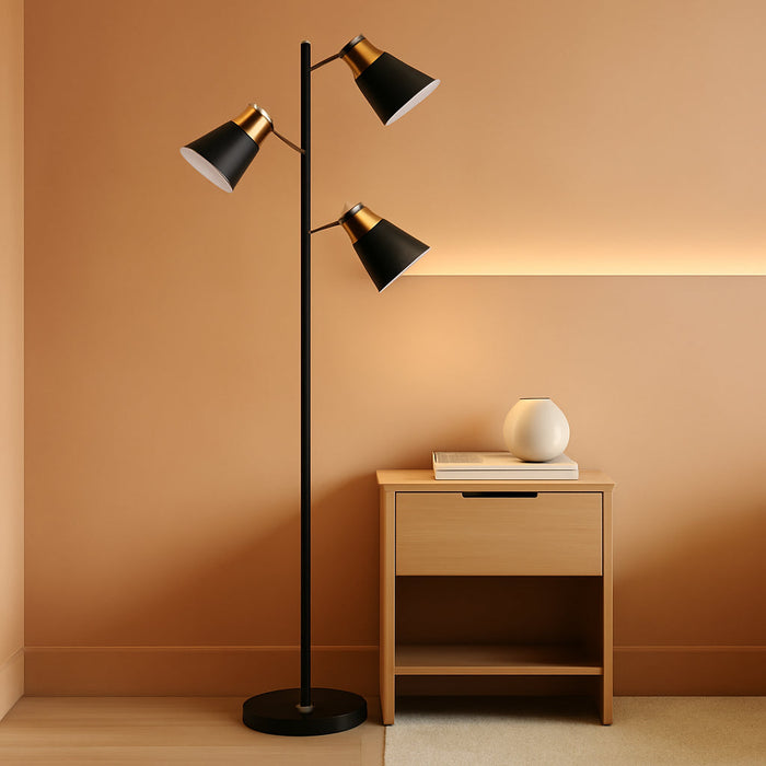 Tree Floor Lamp for Living Room, Industrial 3-Light Standing Lamp with 3 LED Bulbs, Adjustable Rotation Heads, Standing Tall Pole Lamp Farmhouse Rustic Reading Lamps for Bedroom Office (Black Gold)