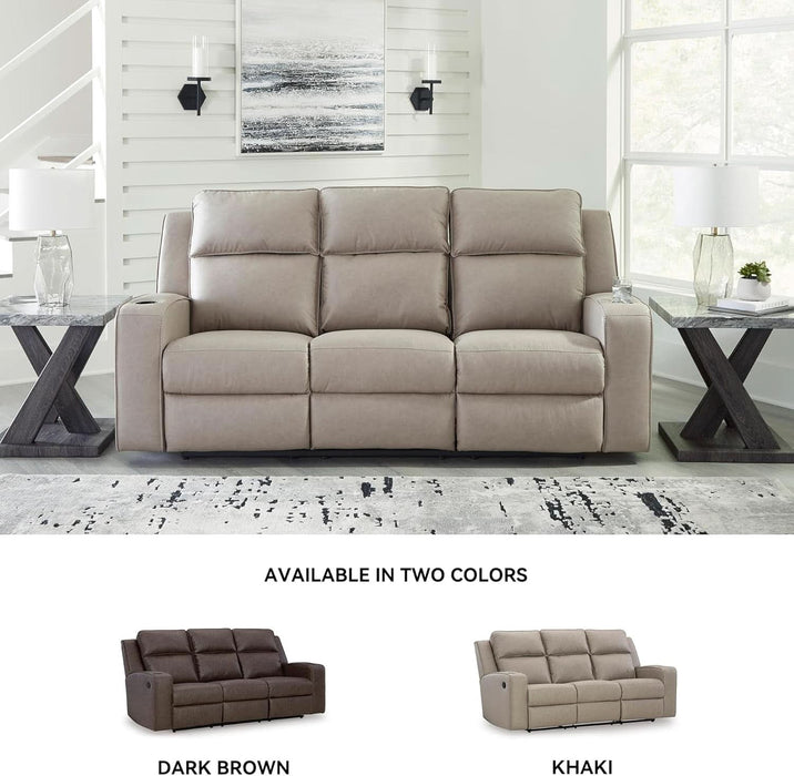 Lavenhorne Contemporary Faux Leather Manual Reclining Sofa with Drop down Table, Cup Holders and USB Ports, Beige