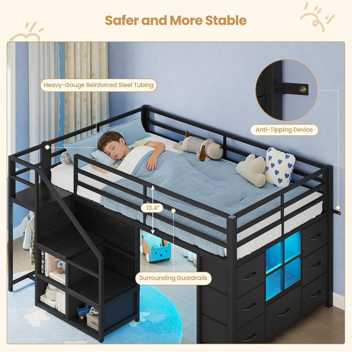 Low Loft Bed Twin Size with Stairs & LED Lights, Kids Loft Bed with 7 Storage Drawers & 3 Open Cubbies & Handy Clothes Rail, Twin Loft Bed with Safety Guardrail, Under-Bed Play Area, Black