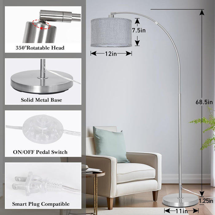 Silver Arc Floor Lamp for Living Room, Modern Standing Lamp with Adjustable Head Tall Pole Lamp with On/Off Pedal Switch over Couch Arched Tall Standing Light for Reading Bedroom 8W LED Bulb Included