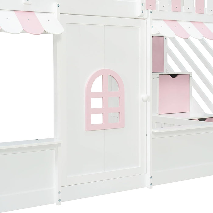 Full Over Full House Bunk Bed StorageStaircaseWithDrawersWhitePink