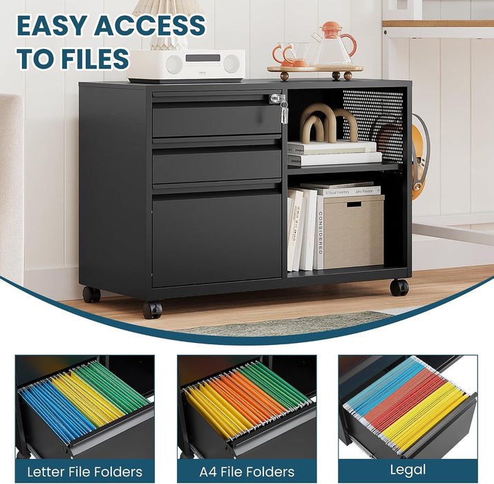3 Drawer File Cabinet with Lock, Metal Lateral Rolling Printer Stand Office Storage Filing Cabinets for Home Office,A4, Letter,File Folders(Black)