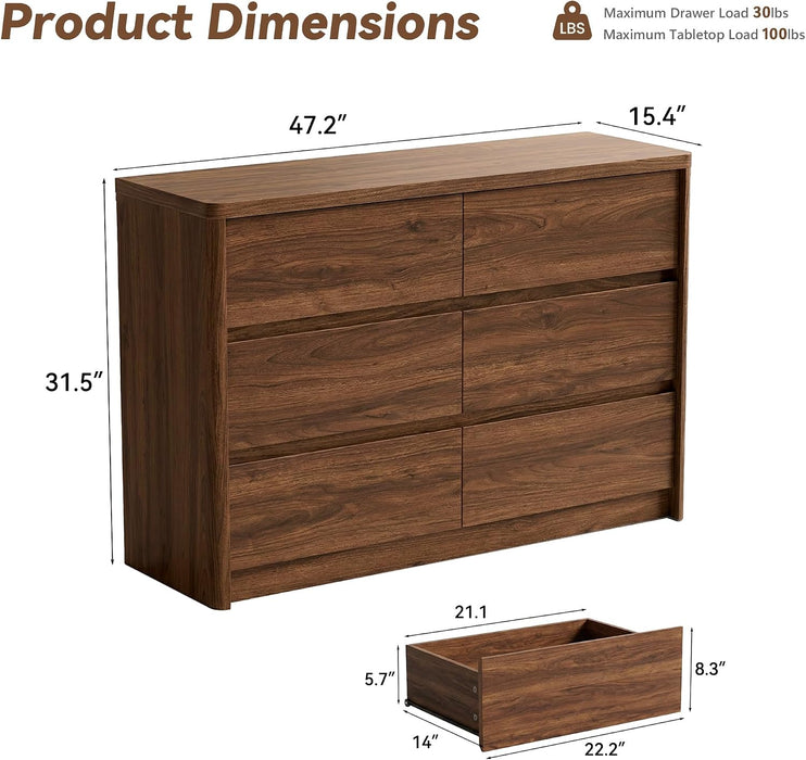 6 Drawer Walnut Dresser for Bedroom, 47.2" Wide Modern Chest of Drawers with 6 Large Storage Space with Curved Edge Design, Large Dresser for Bedroom,Walnut