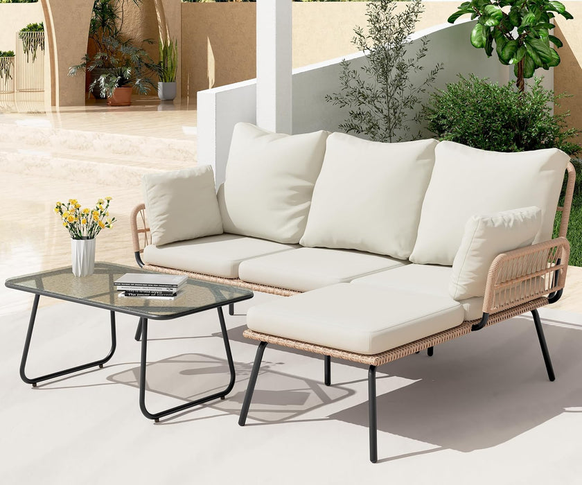 L-Shaped Outdoor Loveseat Sectional Set for Patio, Backyard, Porch with Thick Cushions, Detachable Lounger, Coffee Table