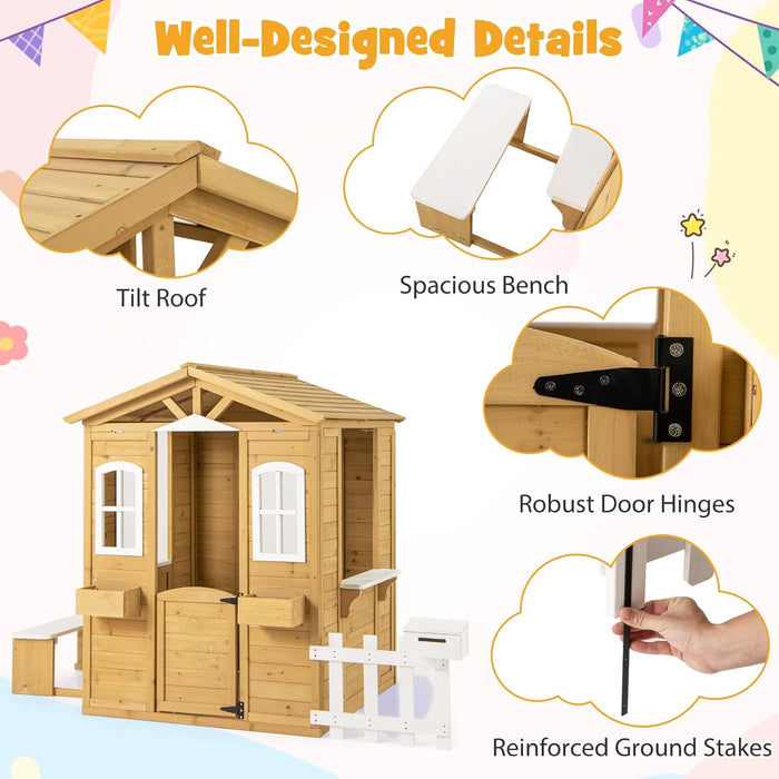 Outdoor Playhouse, Fir Wood Patio Pretend Play Center W/Bench, Mailbox, Fence, Serving Stations, Flowerpot Holders, Windows & Door, Children Play House for 2+ Years Old Kids