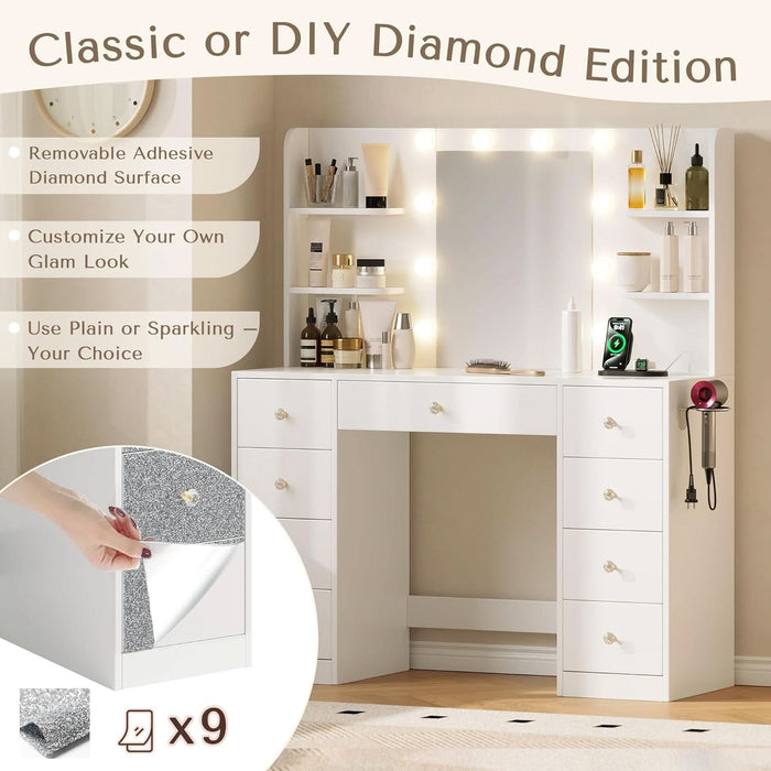 Vanity Desk with Mirror and Lights, Makeup Vanity Vanity Desk with 9 Drawers and 6 Storage Shelves Dressing Table, Vanity Desks with Power Outlet and 3 Color Modes 10 LED Bulb for Girls White