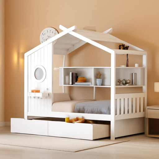 White Twin HouseShaped Bed Frame With StorageSpace