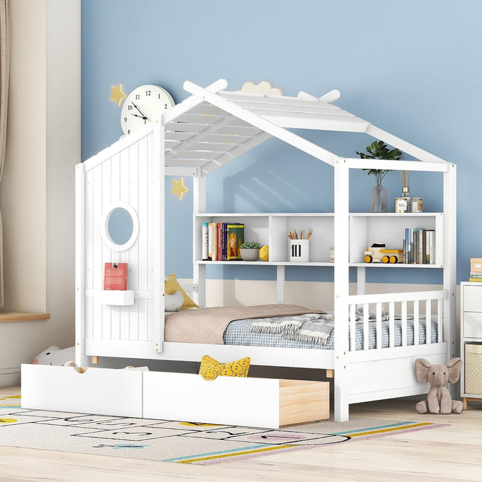 White Twin HouseShaped Bed Frame With StorageSpace