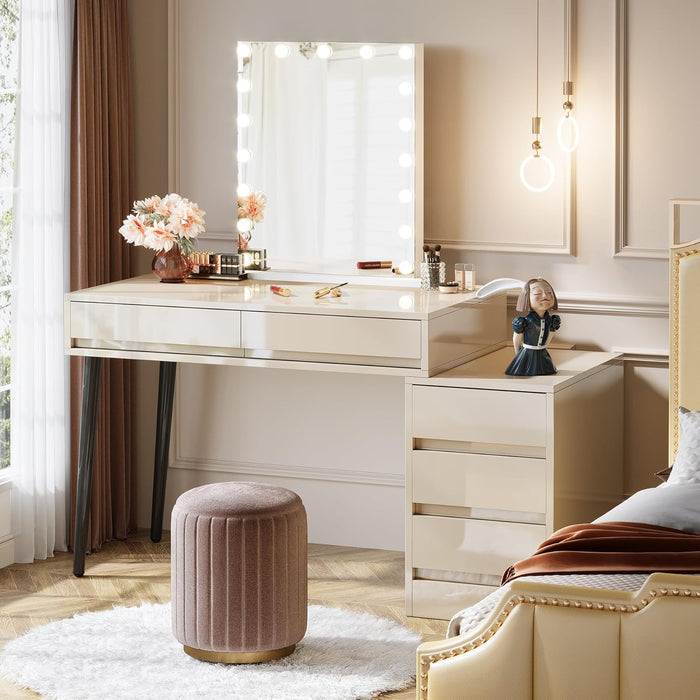 Vanity Desk with 5 Drawers, Makeup Table with Reversible Drawer Cabinet Printer Stand, Modern Computer Desk Dressing Table for Bedroom Office, Gloss Beige (No Mirrors)